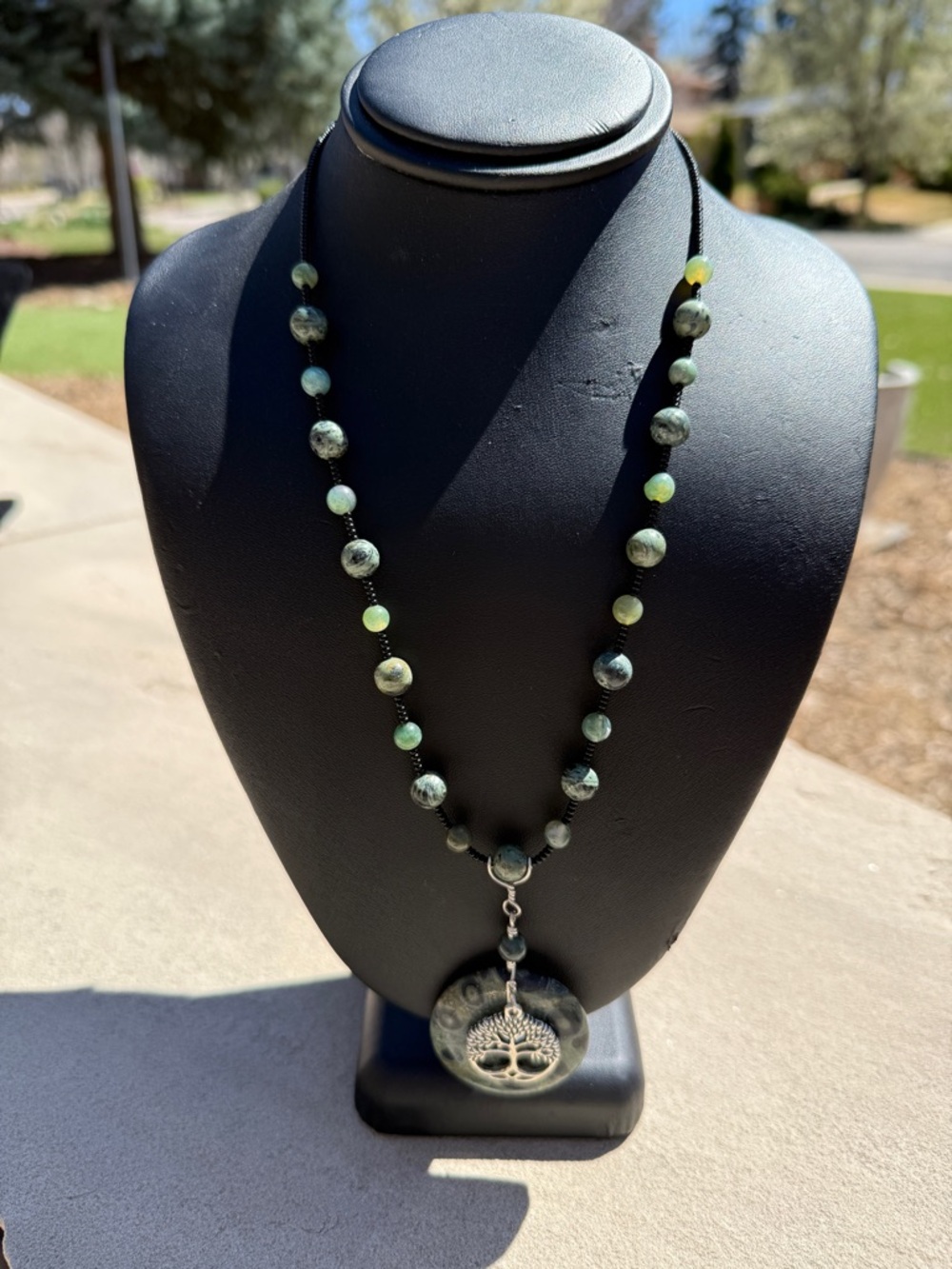 Green Jasper Bead Necklace with Tree of Life Pendant